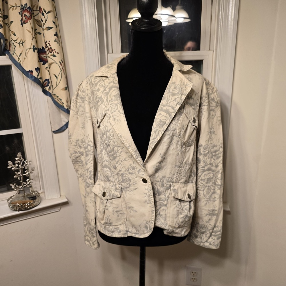 Faded Glory Women's Floral Jacket‎ Blazer Light Wash Button Front Size 12